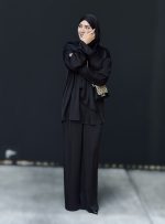 ست شومیز شلوار و شال ساتن مشکی - Image 3