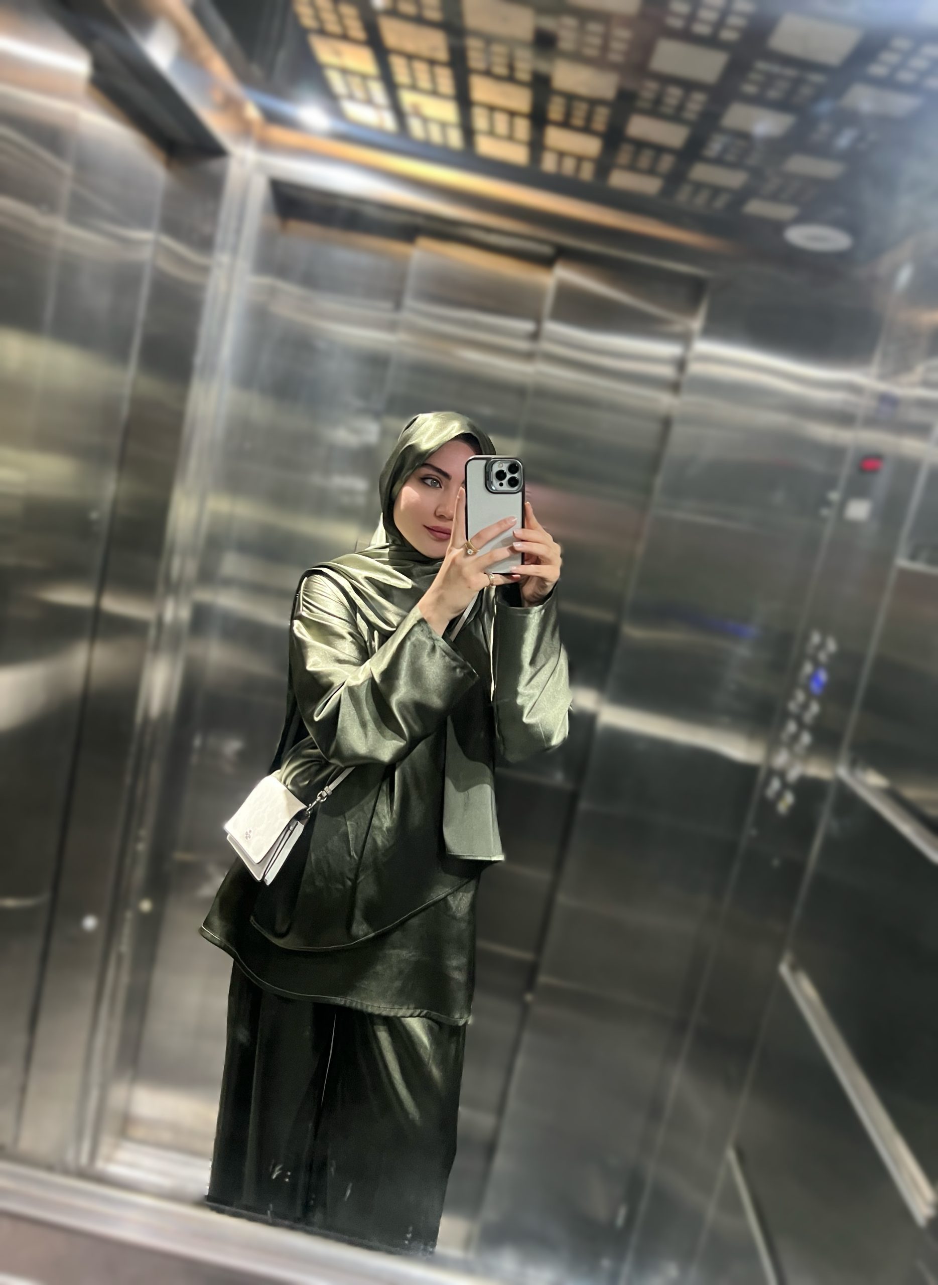 IMG_20260709_133909_225 ست شومیز شلوار و شال ساتن سبز زیتونی - Image 1